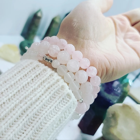 Stack Of 3 bracelets /Rose Quartz, Buddha charm 8 mm, 10 mm - Picture 3 of 3